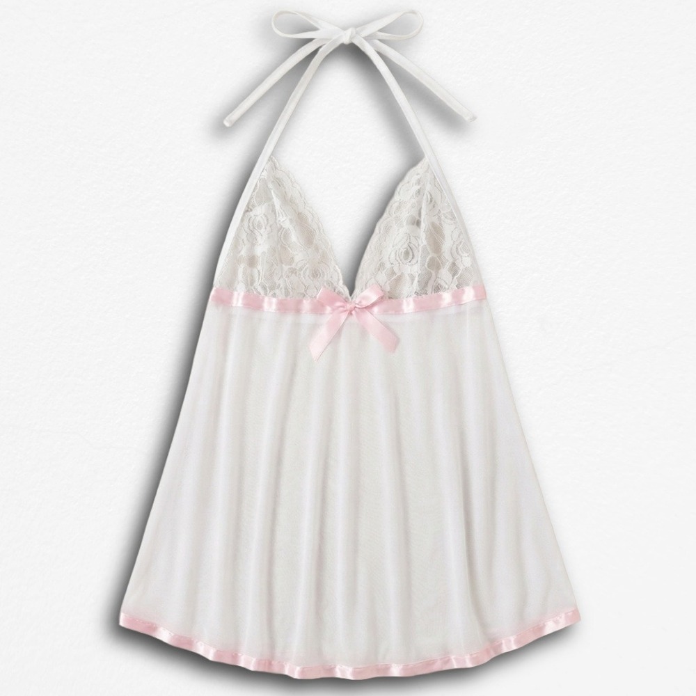 White Lace Mesh Babydoll Chemise Pink Ribbon Trim Halter Lingerie Small